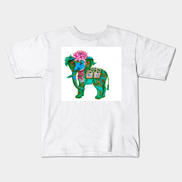 Green elephant with pink lotus flower Kids T-Shirt by SophieClimaArt